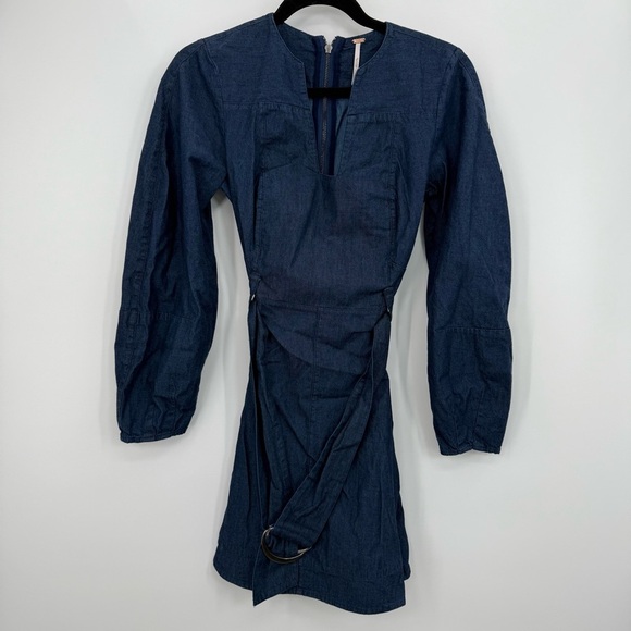Free People Karmen Cotton Denim Mini Dress Deep Sea Wash Chambray Long Sleeve S - Picture 5 of 11